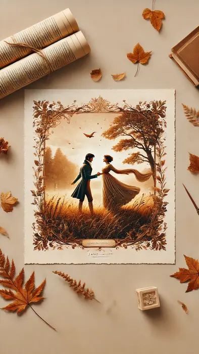 Uma cena romântica e nostálgica inspirada no livro ""Persuasão"". A imagem mostra Anne e Frederick se reencontrando em uma paisagem de outono, envoltos por folhas caindo e uma leve névoa.