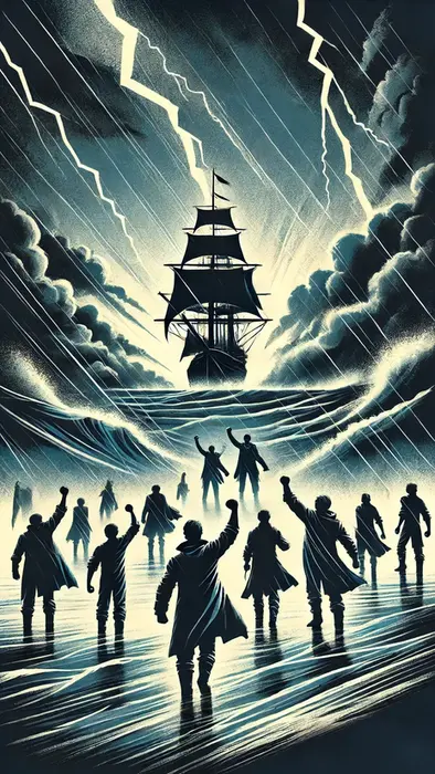 Uma imagem dramática e evocativa inspirada no poema 'O Navio Negreiro' de Castro Alves. A cena central mostra um navio em um mar tempestuoso, com silhuetas de figuras humanas em poses de determinação e resistência. O céu ao fundo é dramático, com nuvens escuras e raios, simbolizando a luta e a esperança. A paleta de cores inclui tons de preto, cinza e azul escuro, capturando a atmosfera de tensão e resiliência. Sem texto ou letras na imagem