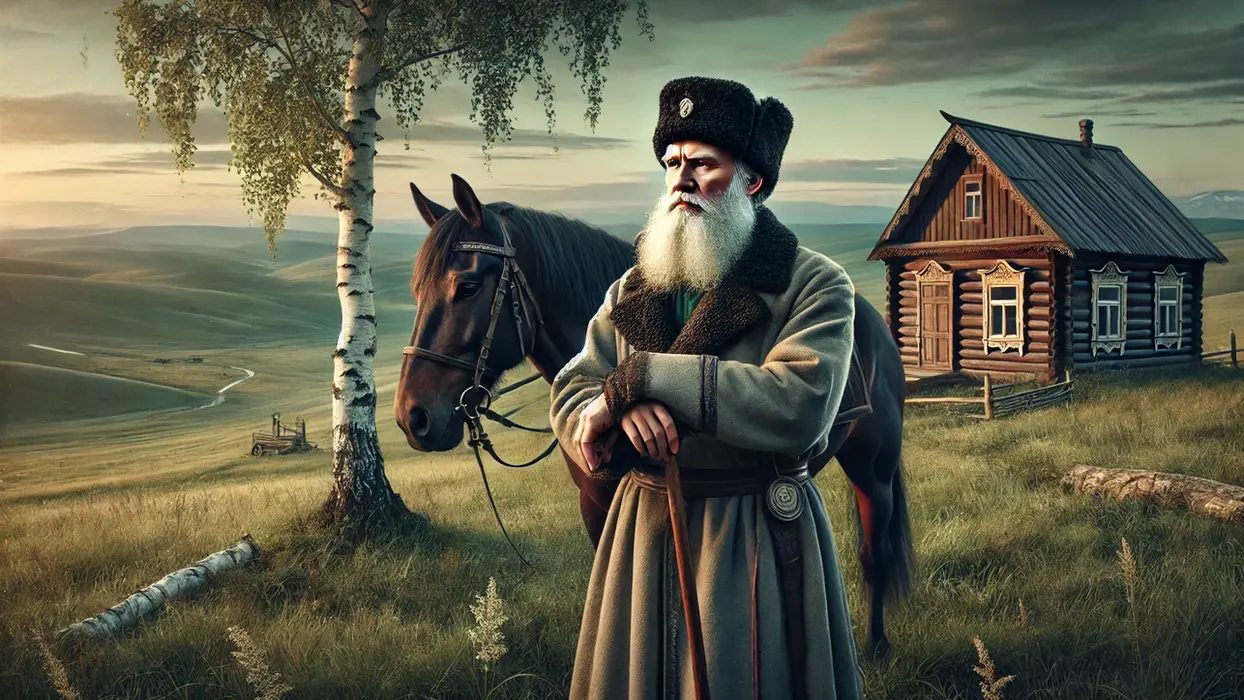 Um retrato épico de Leon Tolstói em um cenário russo do século XIX. Tolstói é retratado em uma vasta paisagem nevada, com cenas de seus romances como "Guerra e Paz" e "Anna Karenina" se desenrolando ao seu redor. A cena inclui soldados em batalha, uma grande propriedade russa e uma estação de trem. A atmosfera é dramática e grandiosa, capturando a complexidade do trabalho de Tolstói.