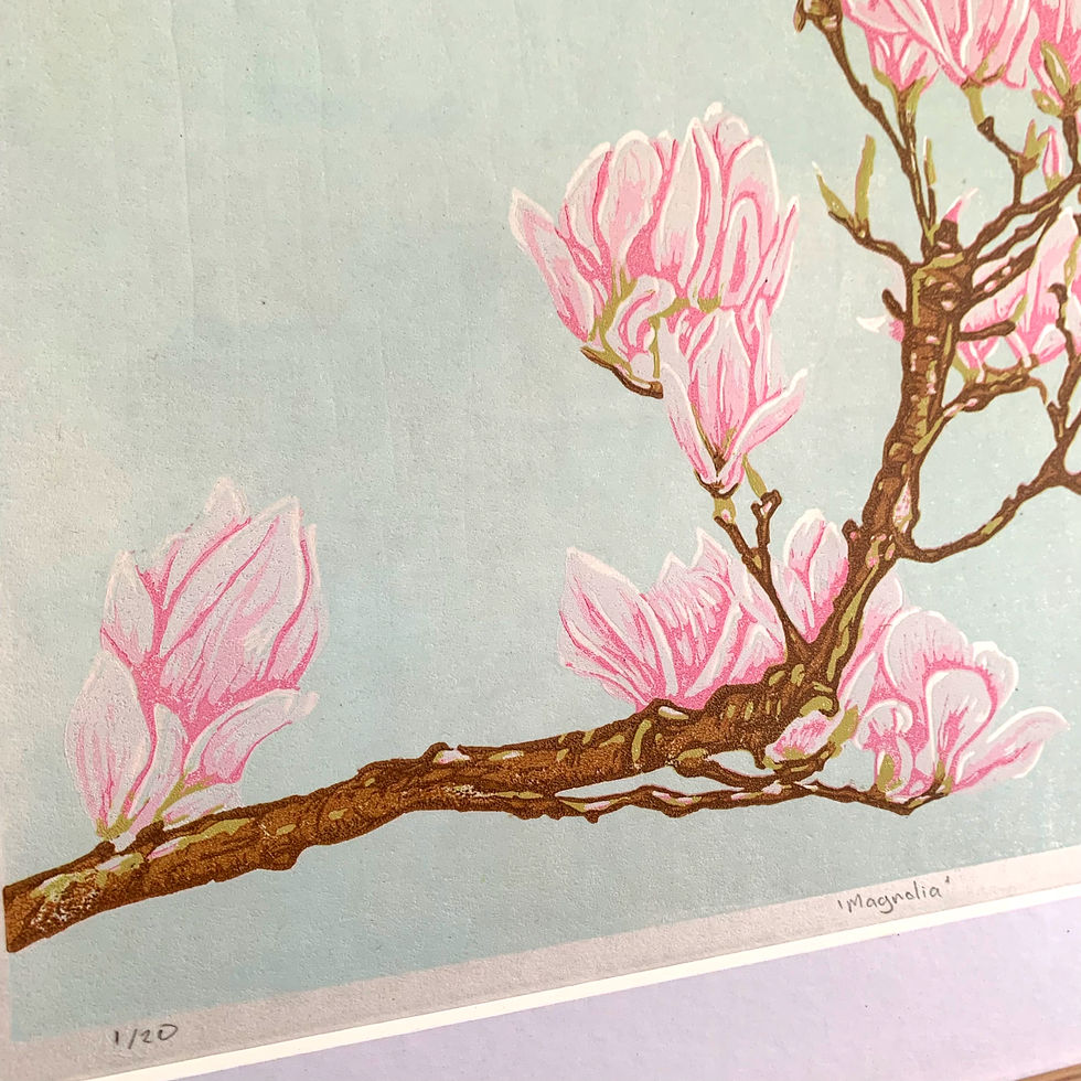 Thumbnail: Handprinted Reduction Linocut Print - Magnolia