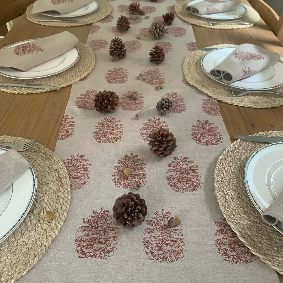 Thumbnail: Handprinted Pinecone Linen Table Runner