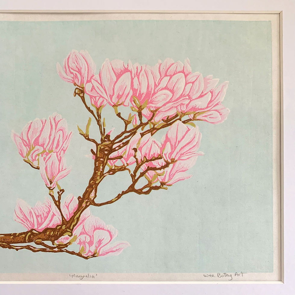 Thumbnail: Handprinted Reduction Linocut Print - Magnolia