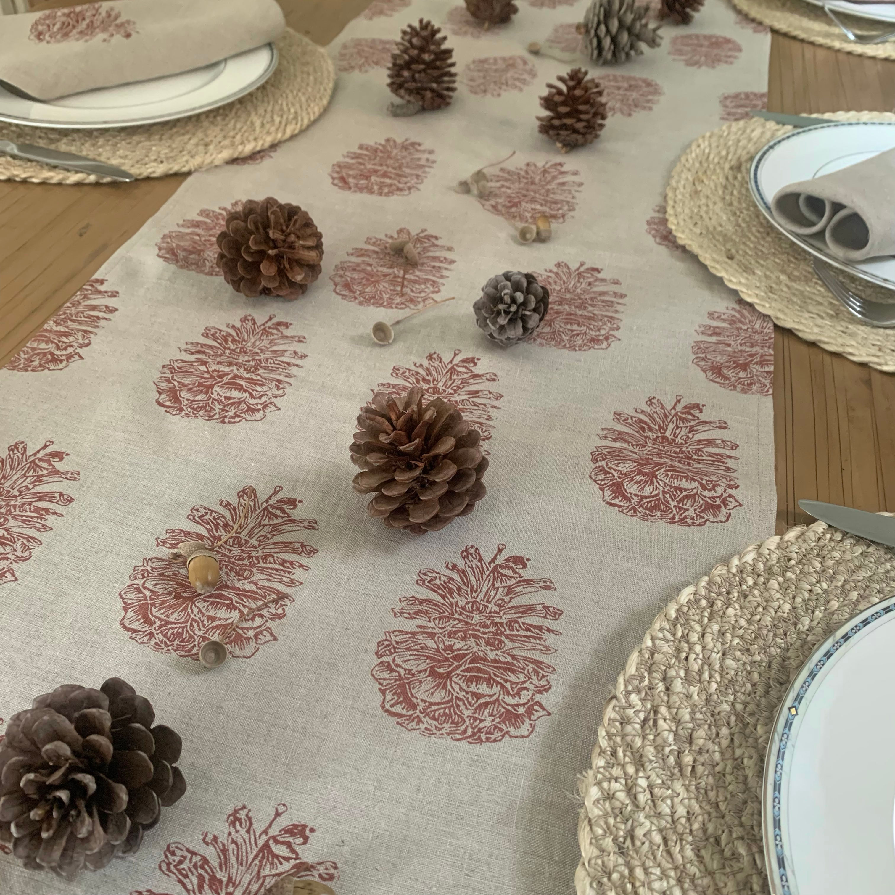 Handprinted Pinecone Linen Table Runner