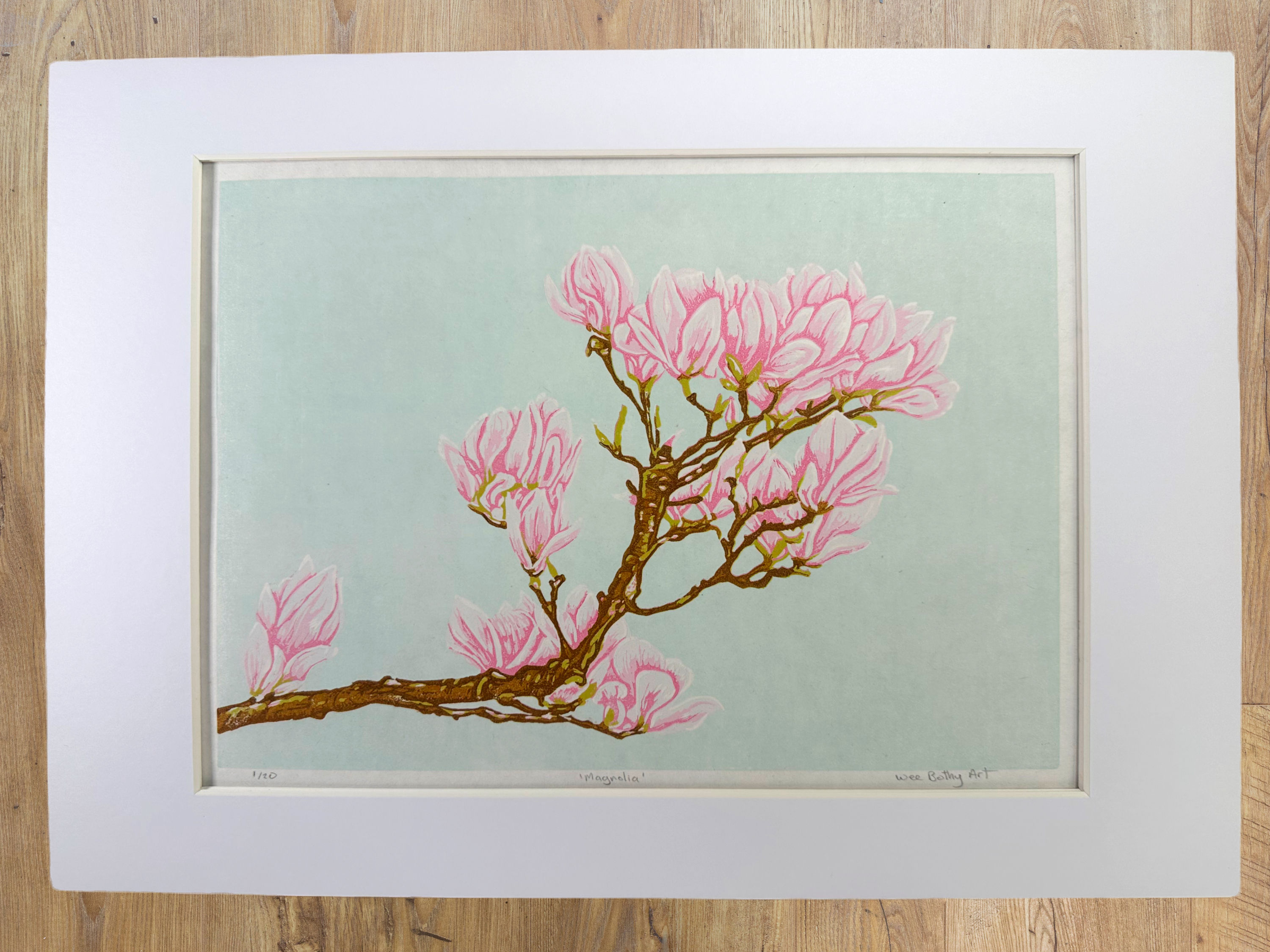 Handprinted Reduction Linocut Print - Magnolia