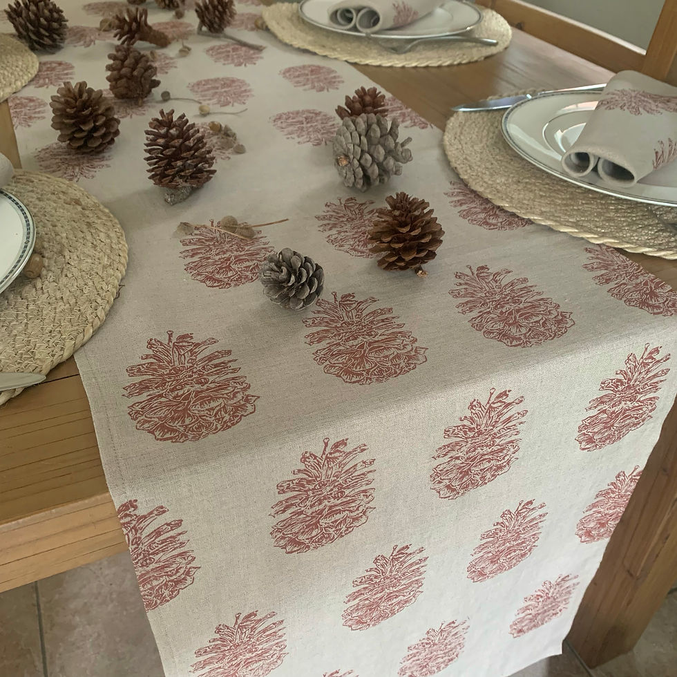 Thumbnail: Handprinted Pinecone Linen Table Runner