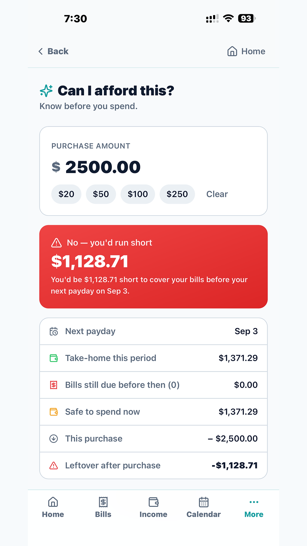 PayPath app Can I Afford This screen