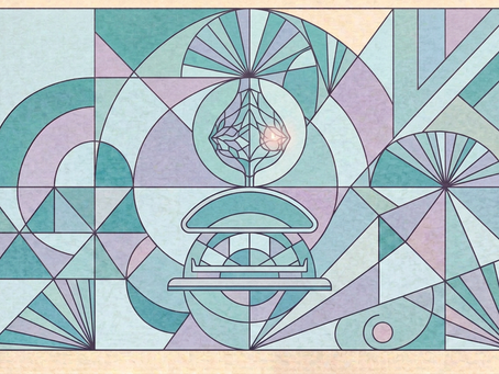 Abstract pastel geometric stained-glass artwork with circles, fans, and a central eye-like motif in teal, lavender, and white to subtly show an abstract depiction of a mammogram with two breasts.