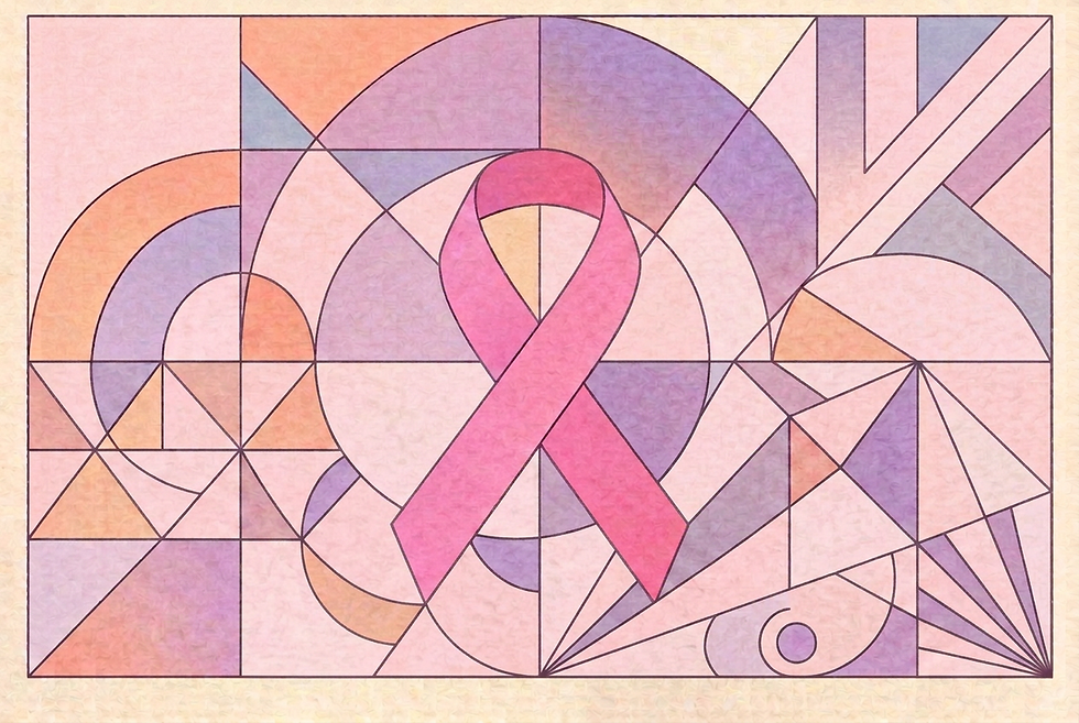 A pink breast cancer awareness ribbon at the centre of a soft geometric design, in gentle shades of pink, peach, and lavender.