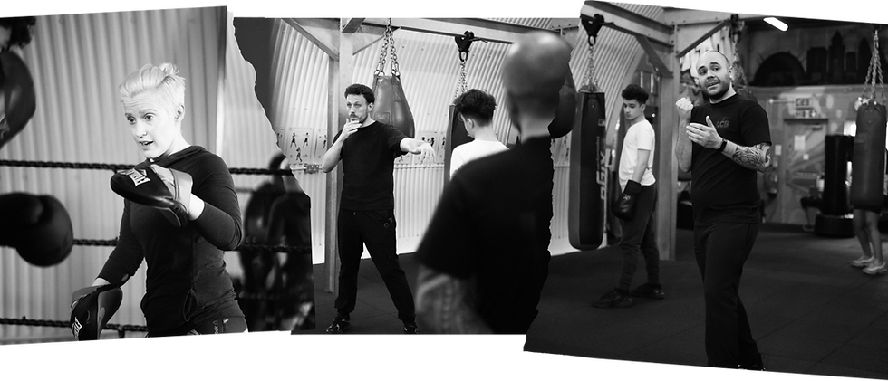 A montage image in black and white of coaches holding pads and demonstrating how to punch in a boxing ring