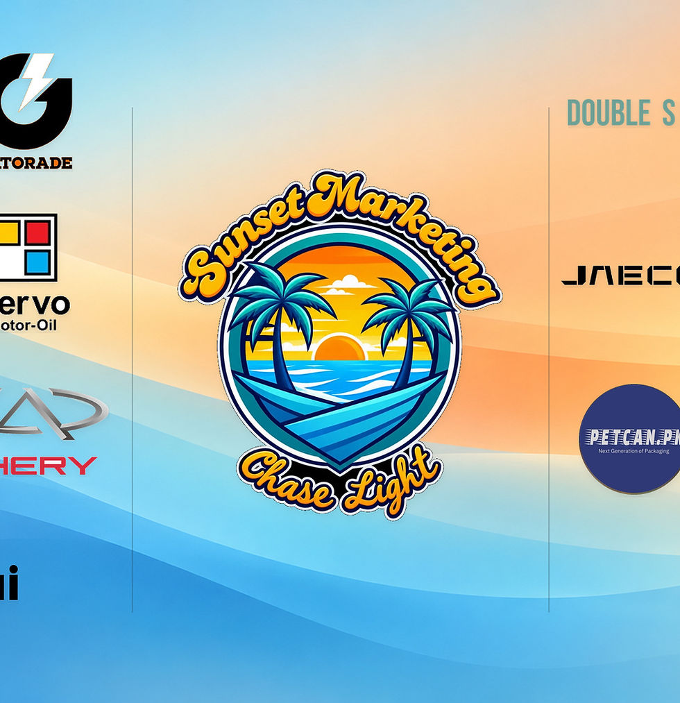 Graphic design featuring the central logo Sunset Marketing Chase Light surrounded by various brand logos. Vibrant orange and blue abstract background creates an energetic atmosphere.
