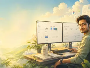 Illustration of a UI/UX designer creating a modern B2B SaaS dashboard in Figma with dual monitors, set against a bright sunrise landscape symbolizing growth, learning, and a career in UX design.