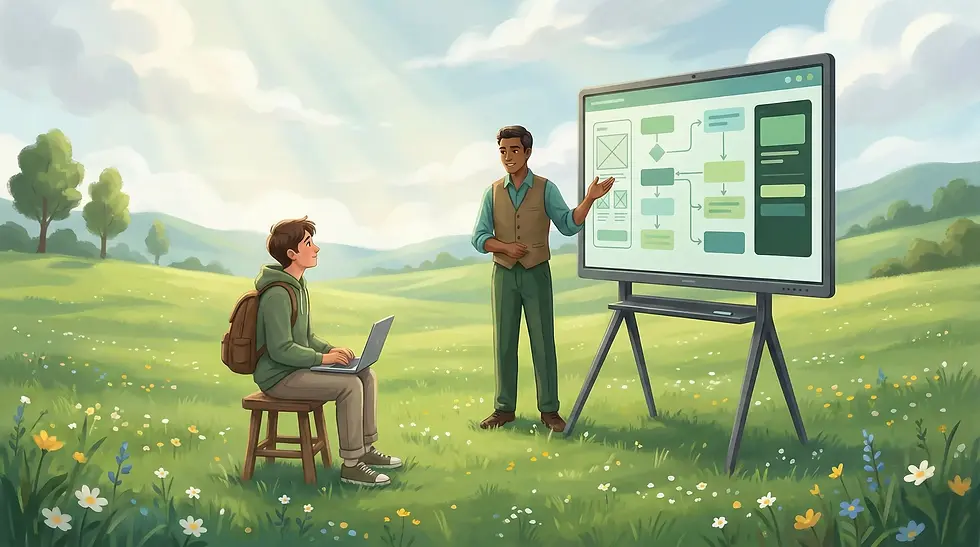 UI UX Academy | A teacher explains a flowchart on a digital board to a student with a laptop, in a sunny field with flowers and rolling hills in the background.