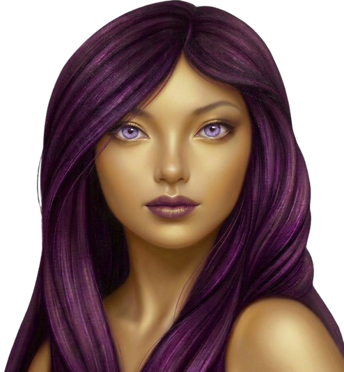 Drawing of Amandas who has dark violet hair, lavender eyes, and golden skin.