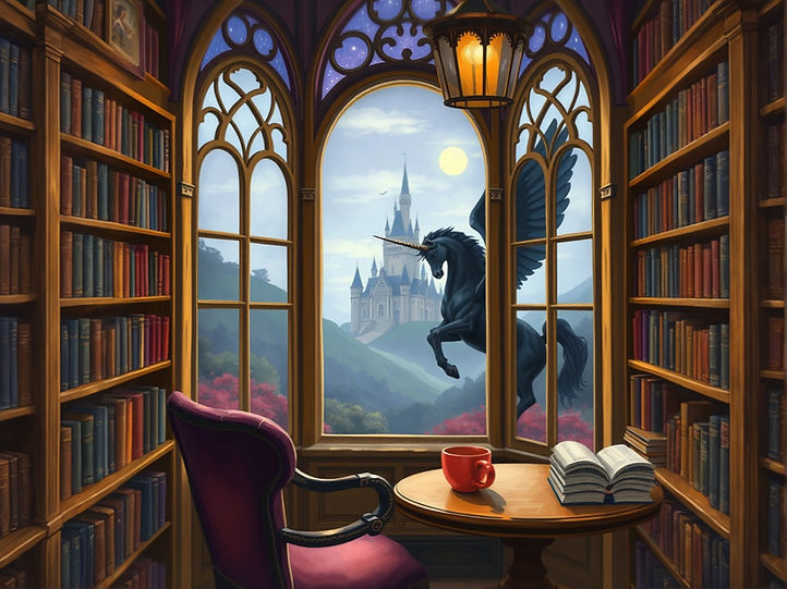 art nouveau style painting of a cozy bookshop with a chair and table with a coffee mug on