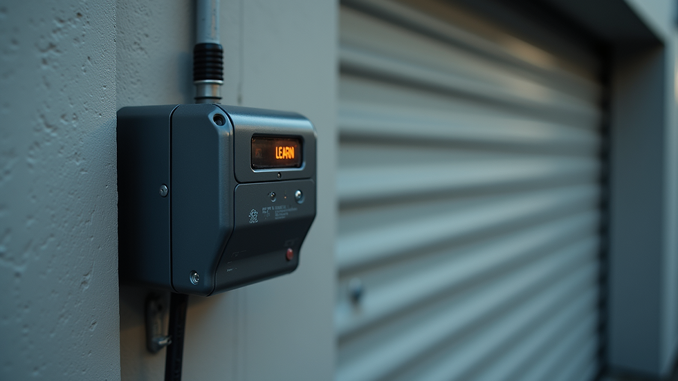 Eye-level view of garage door motor unit with learn button