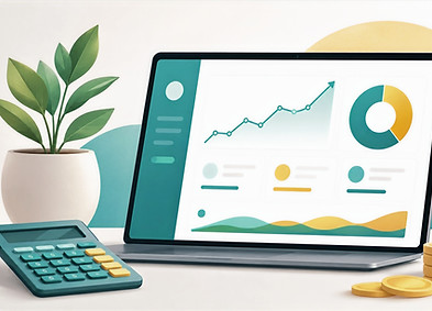 Investment growth calculator illustration showing charts, coins and a calculator to help UK users explore the long-term impact of investing.