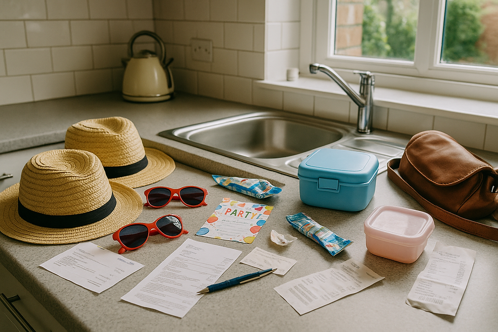 A cluttered UK family kitchen counter with kids’ hats, ice lolly wrappers, party invites and receipts — a typical summer parenting scene.