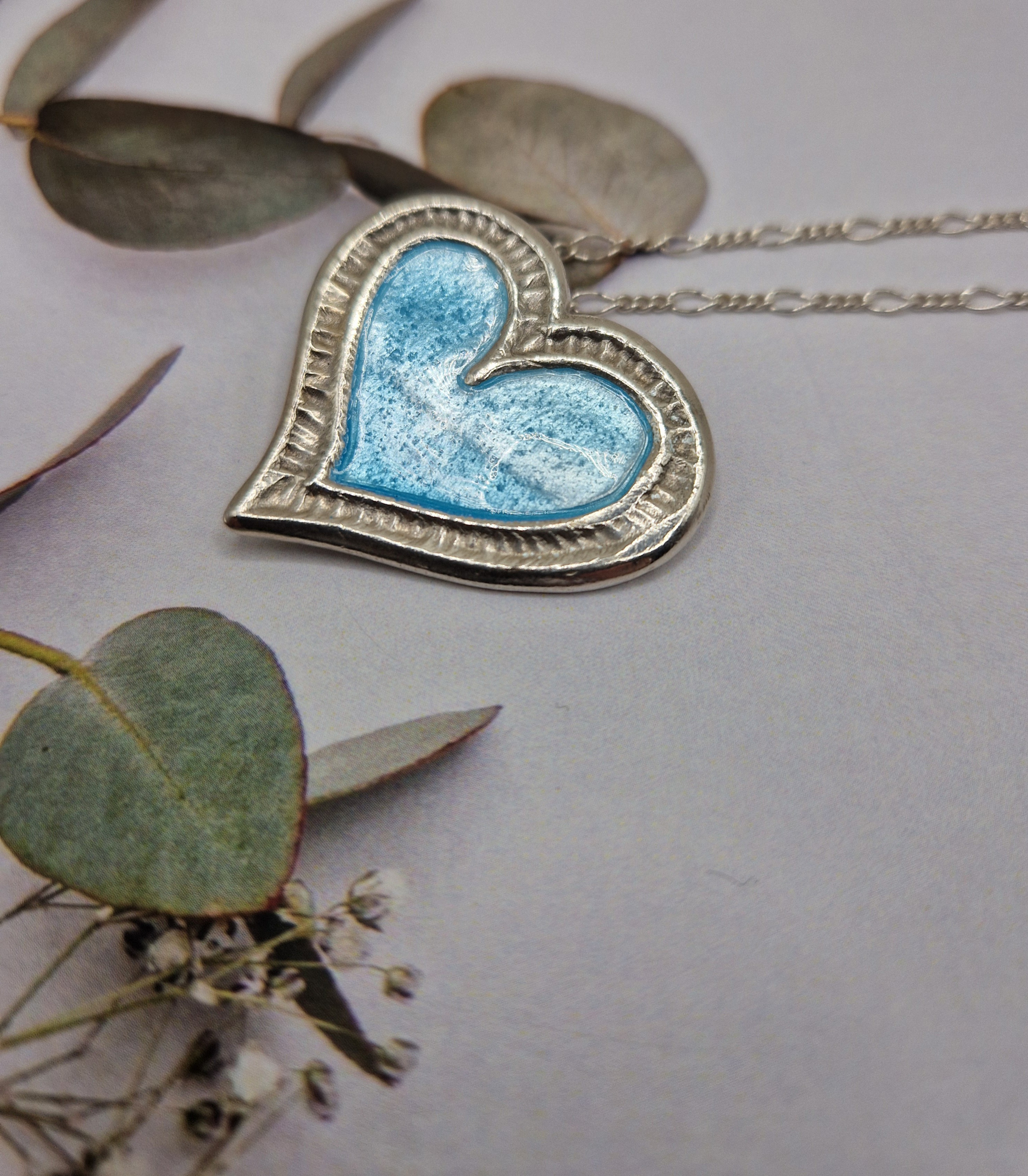 Rose Leaf & Blue Enamel Heart Pendant