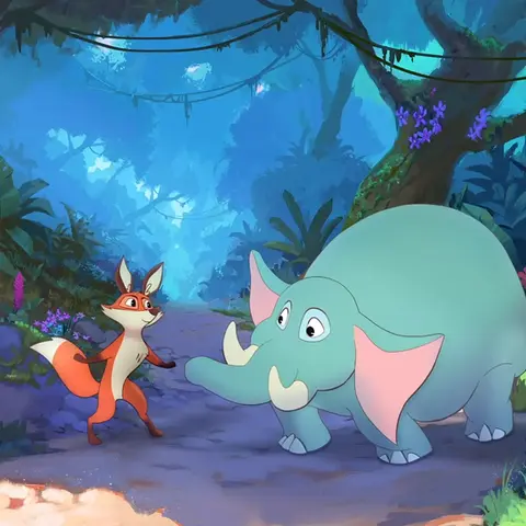 Uma Raposa e um Elefante se olhando em uma floresta tropical