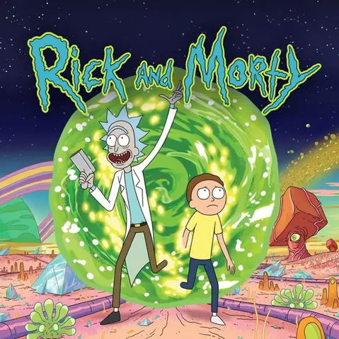 Rick e Morty saindo de um portal em um planeta estranho com o logo da série acima