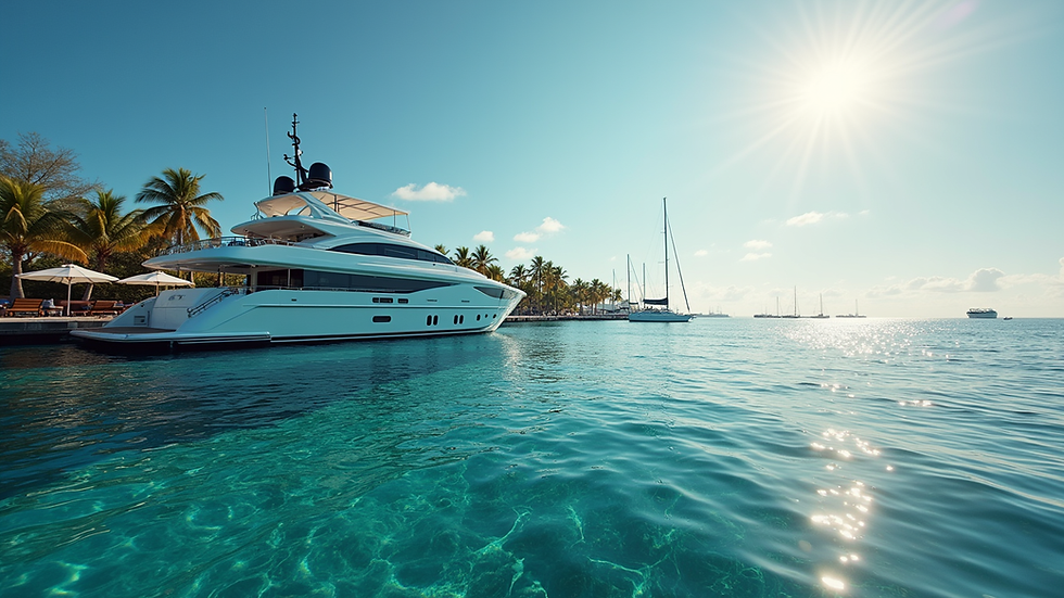Eye-level view of a luxury yacht docked at a tropical marina