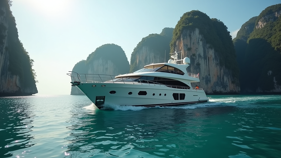 Wide angle view of a luxury yacht sailing near limestone cliffs in Thailand