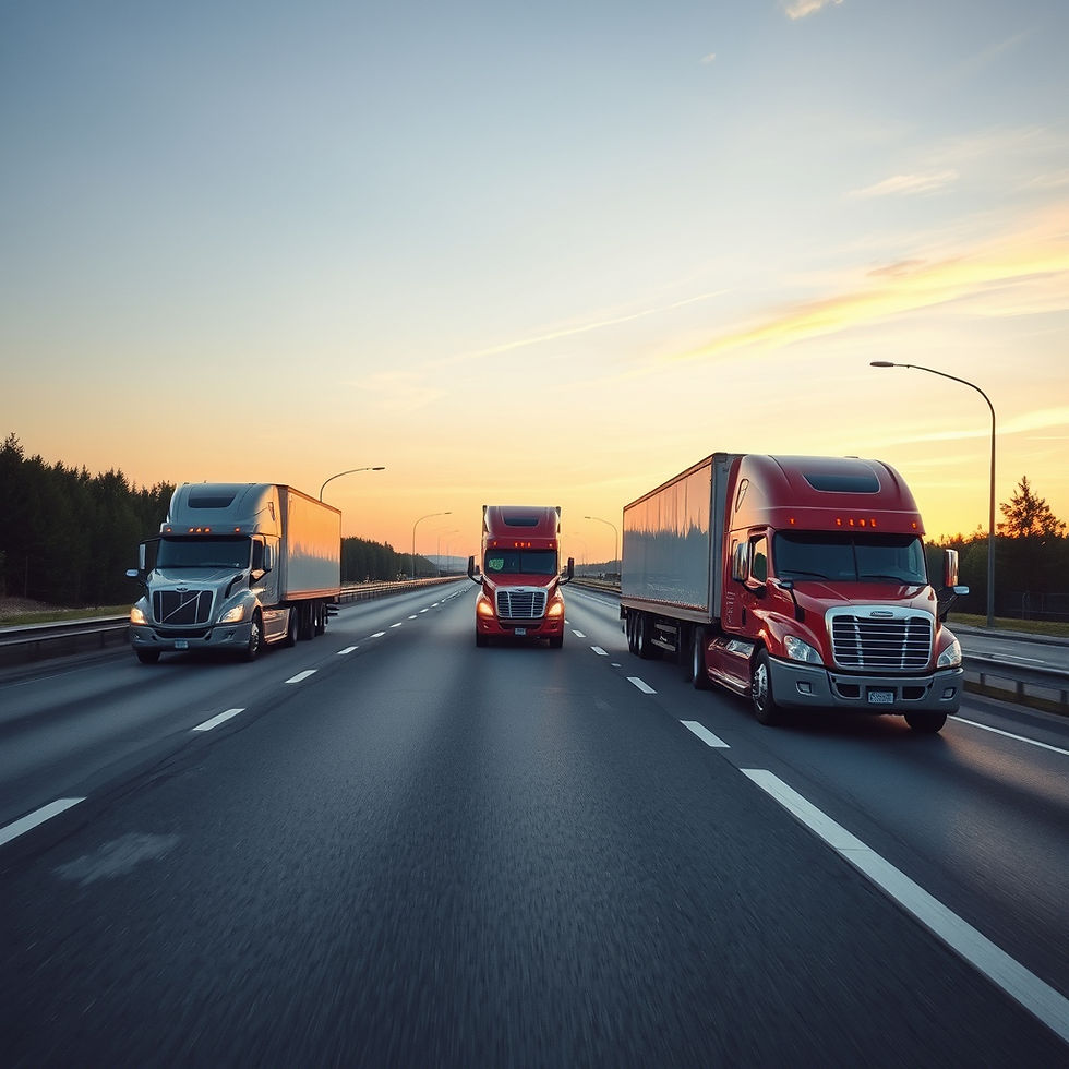 Three semi-trucks, two red and one silver, drive down a highway at sunset with trees and lampposts lining the road.