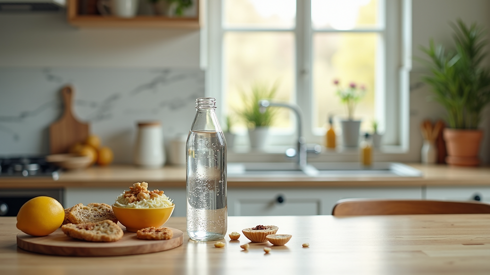 Close-up view of a water bottle and healthy snacks on a kitchen counter