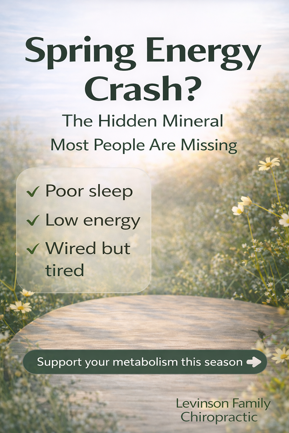 Text over nature background reads: Spring Energy Crash? Poor sleep, low energy, wired but tired. Levinson Family Chiropractic promotes metabolism support.