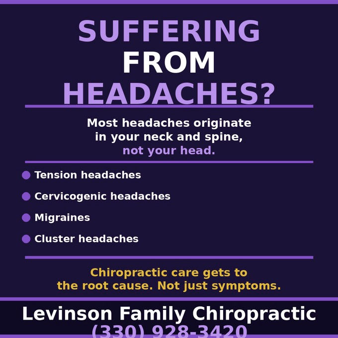 Purple chiropractic ad: Suffering from headaches? Text says most headaches start in neck and spine, not head.