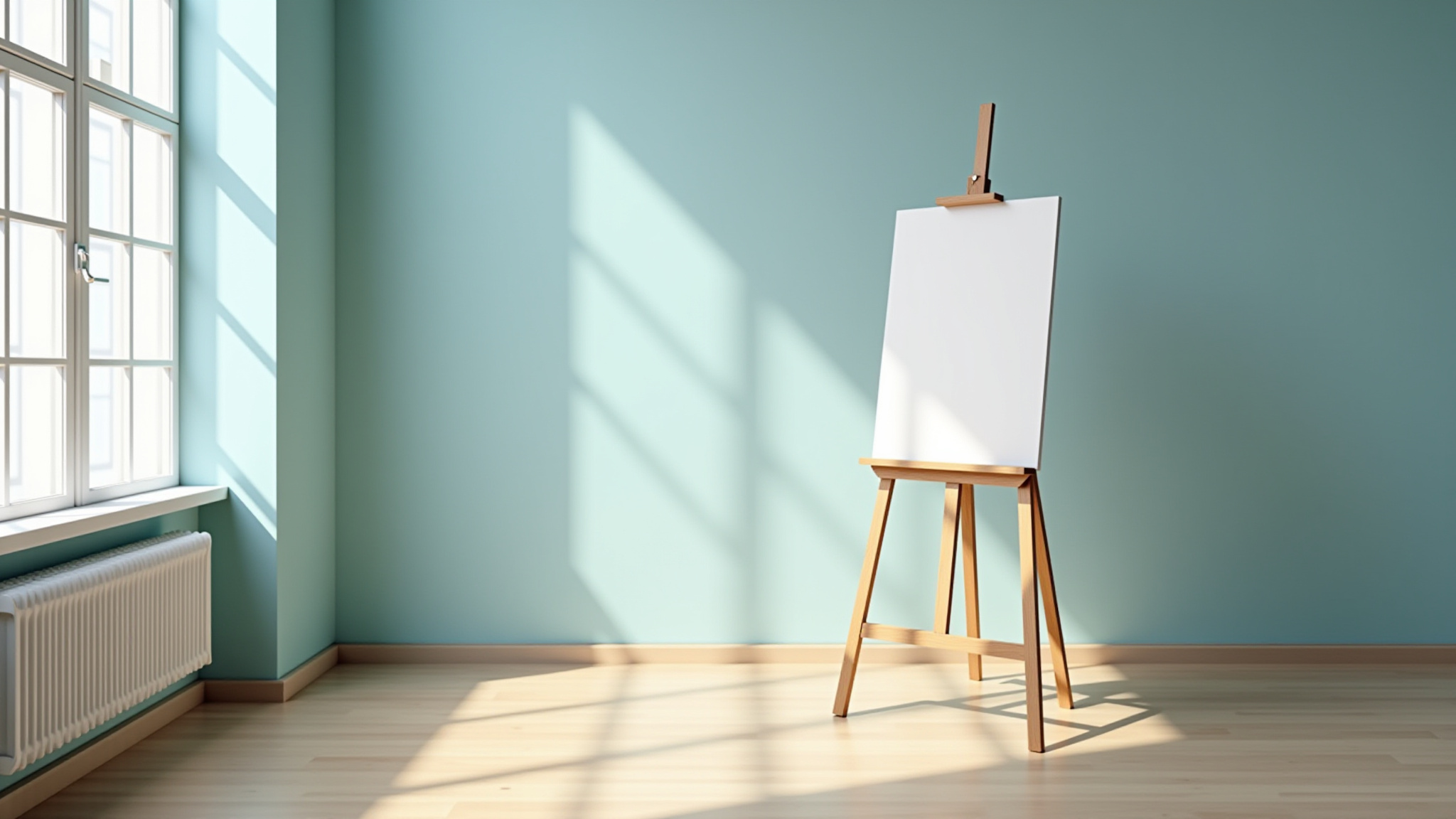 Wooden easel with blank canvas in a light blue minimalist room