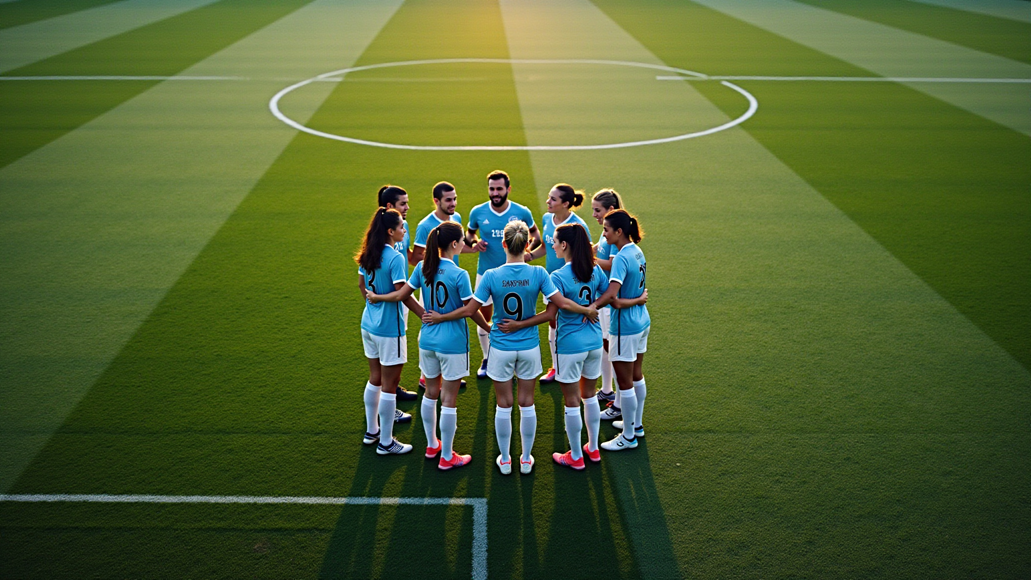Soccer team huddle, light blue jerseys, standing on the green field together.