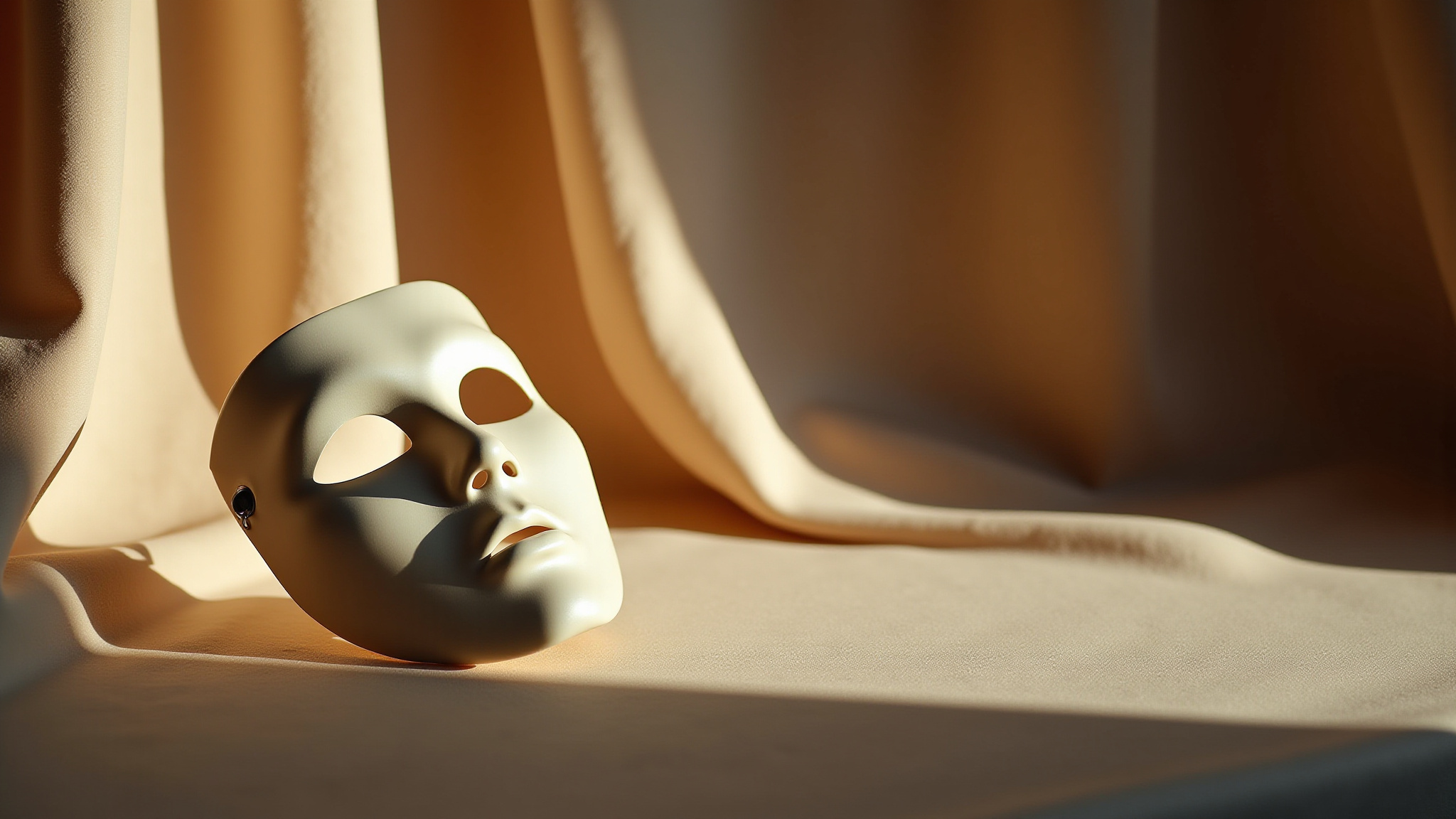 White mask in sunlight on draped fabric, representing theater and performance.