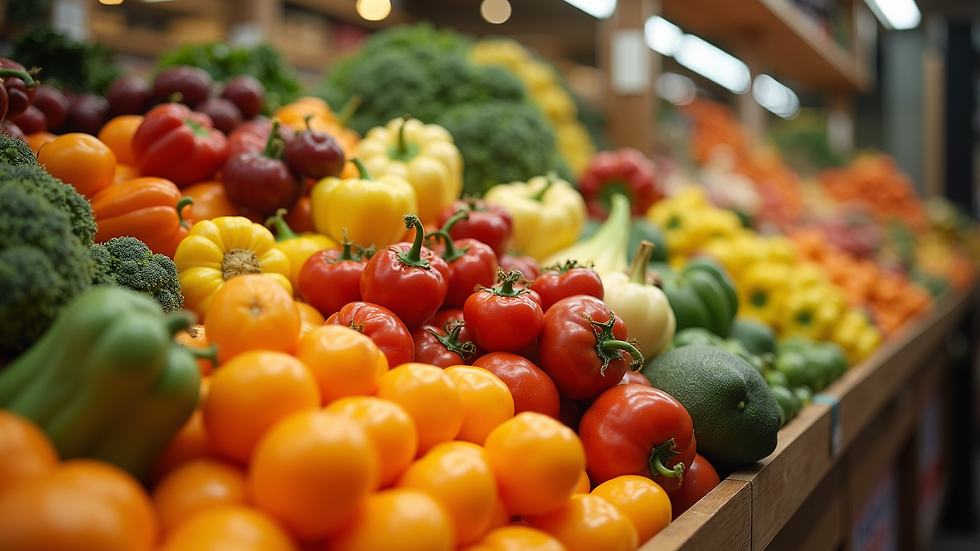 Eye-level view of a colorful fruit and vegetable display