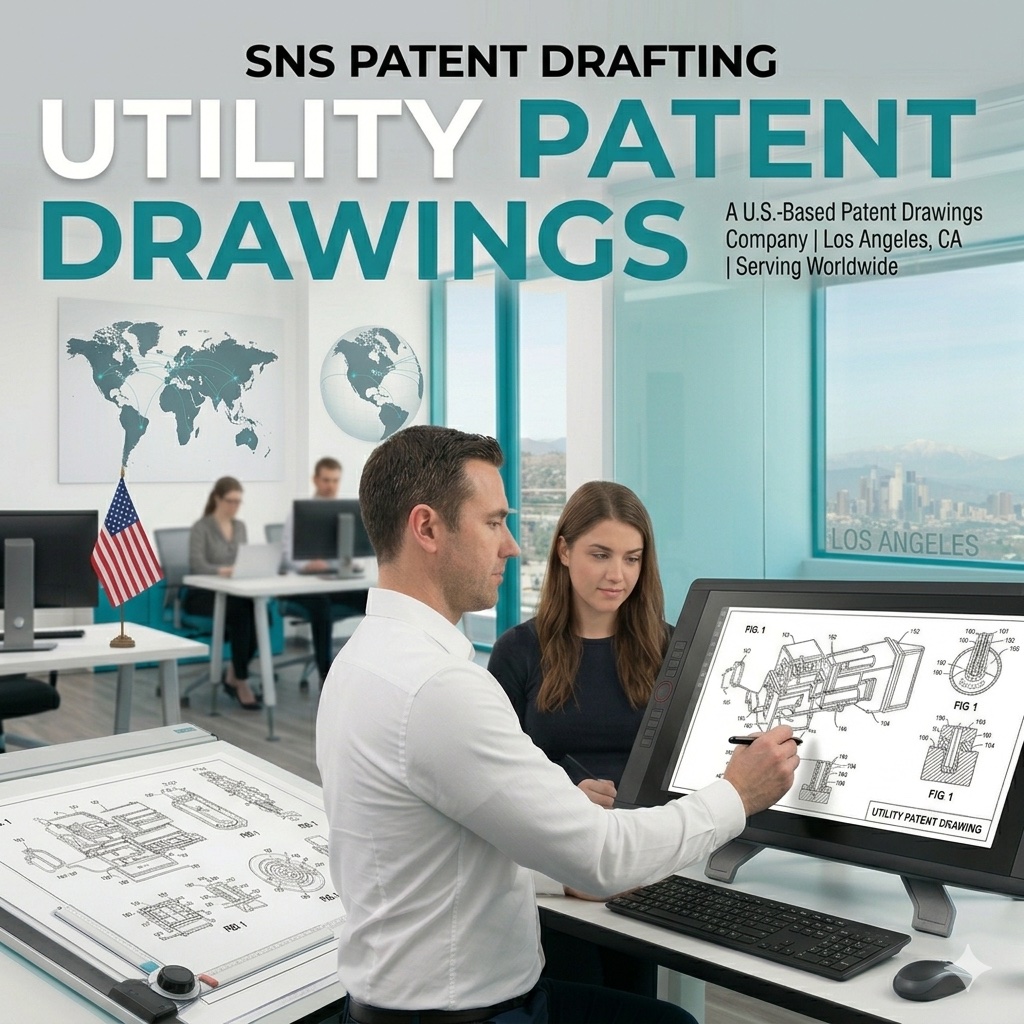 patent attorney reviewing design drawings and prior art documents on dual monitors