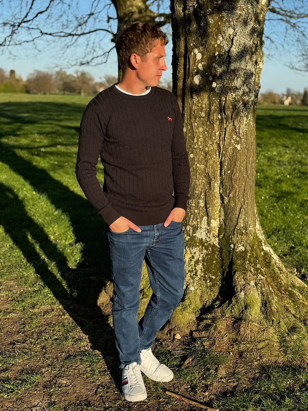 Thumbnail: Mens Black Cable Knit Jumper with Red Embroidered Wolf