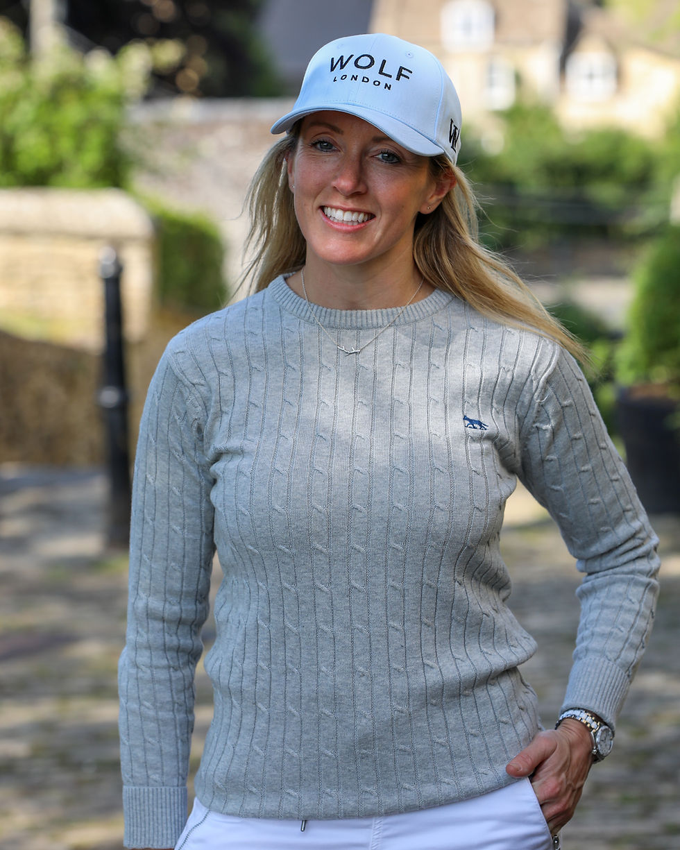 Ladies Grey Organic Cotton Fitted Cable Knit Jumper with Blue Cap