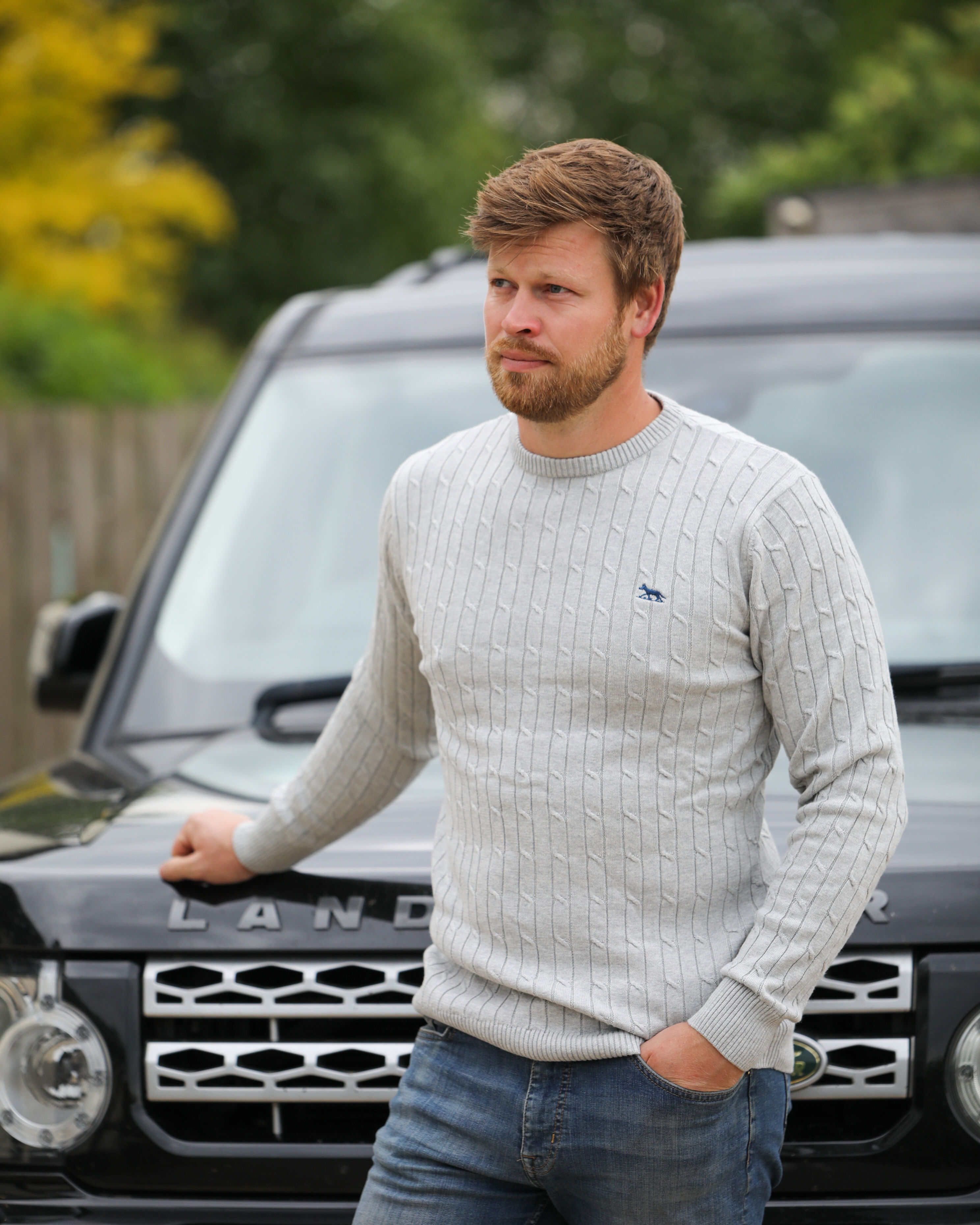 Mens Grey Organic Cotton Fitted Cable Knit Jumper