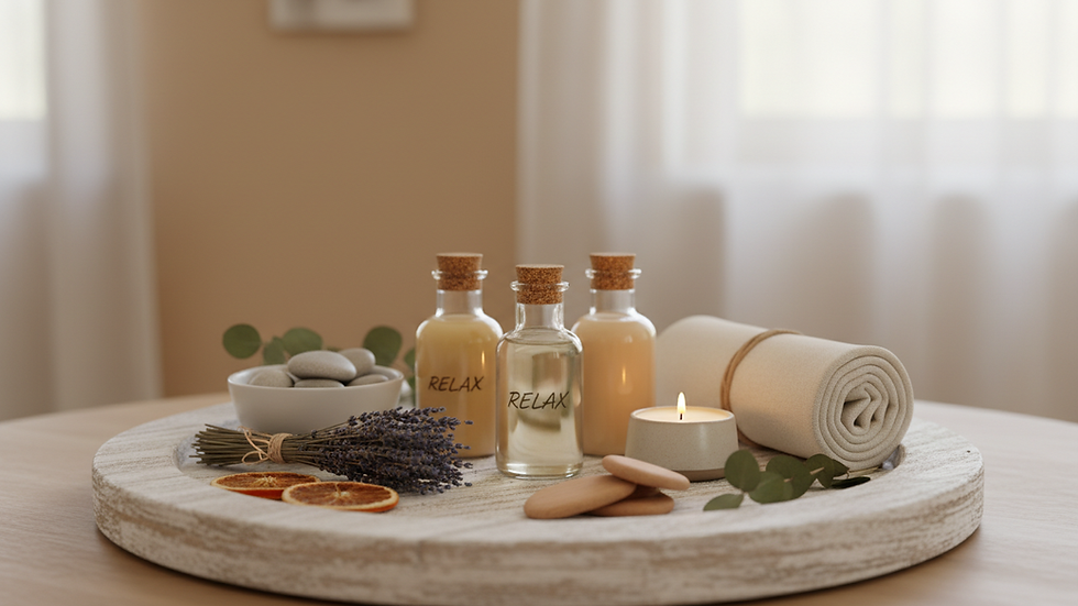 Close-up view of essential oils and natural spa elements arranged on a wooden tray