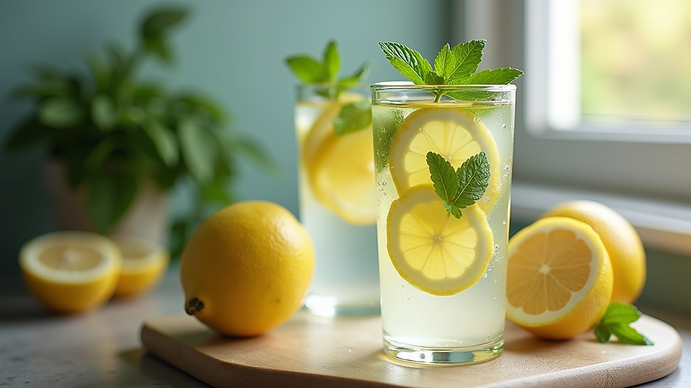 Close-up view of a glass of infused water with lemon and mint, symbolizing detox and hydration