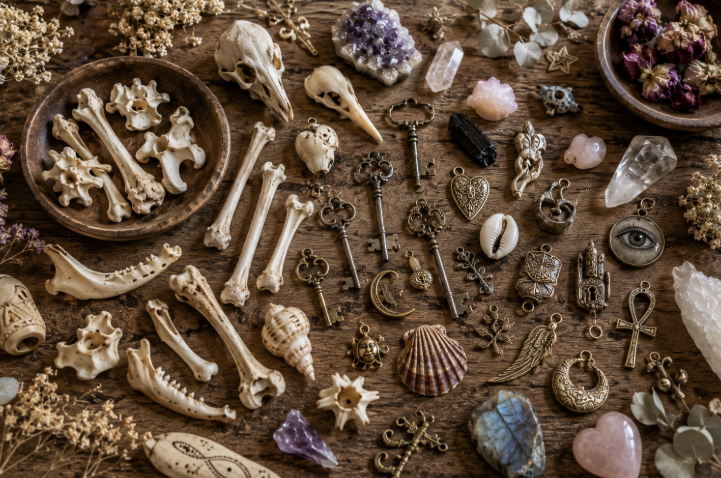Various vintage keys, bones, crystals, and charms are spread on a wooden surface. There are dried flowers, shells, and an eye symbol, creating a mystical vibe.