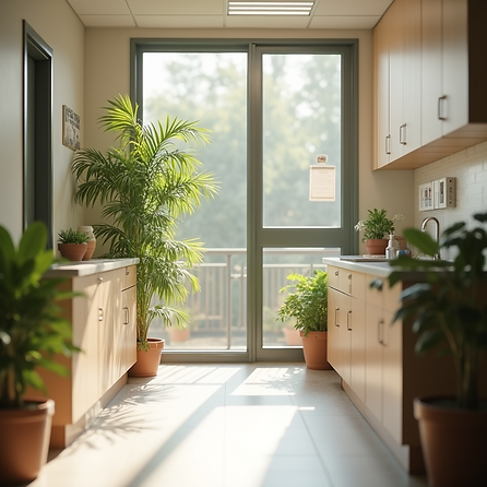 environmental shot bright modern veterinary clinic natural daylight plants warm tones welc