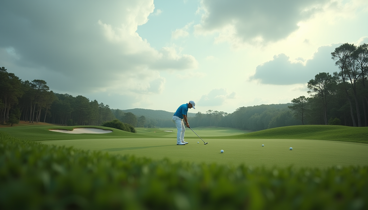 Eye-level view of a golf course with a lone player teeing off under a cloudy sky