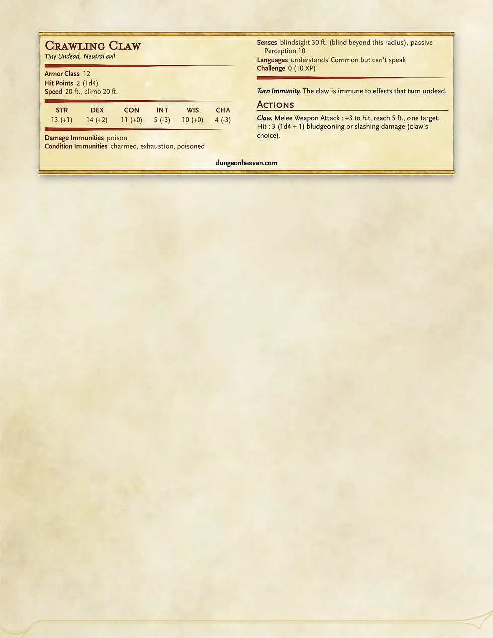 Crawling Claw 5e stat block