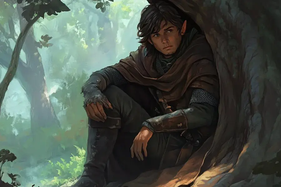 Elf with pointed ears and cloak sits thoughtfully in tree hollow. Forest background with green hues, creating a mystical atmosphere.
