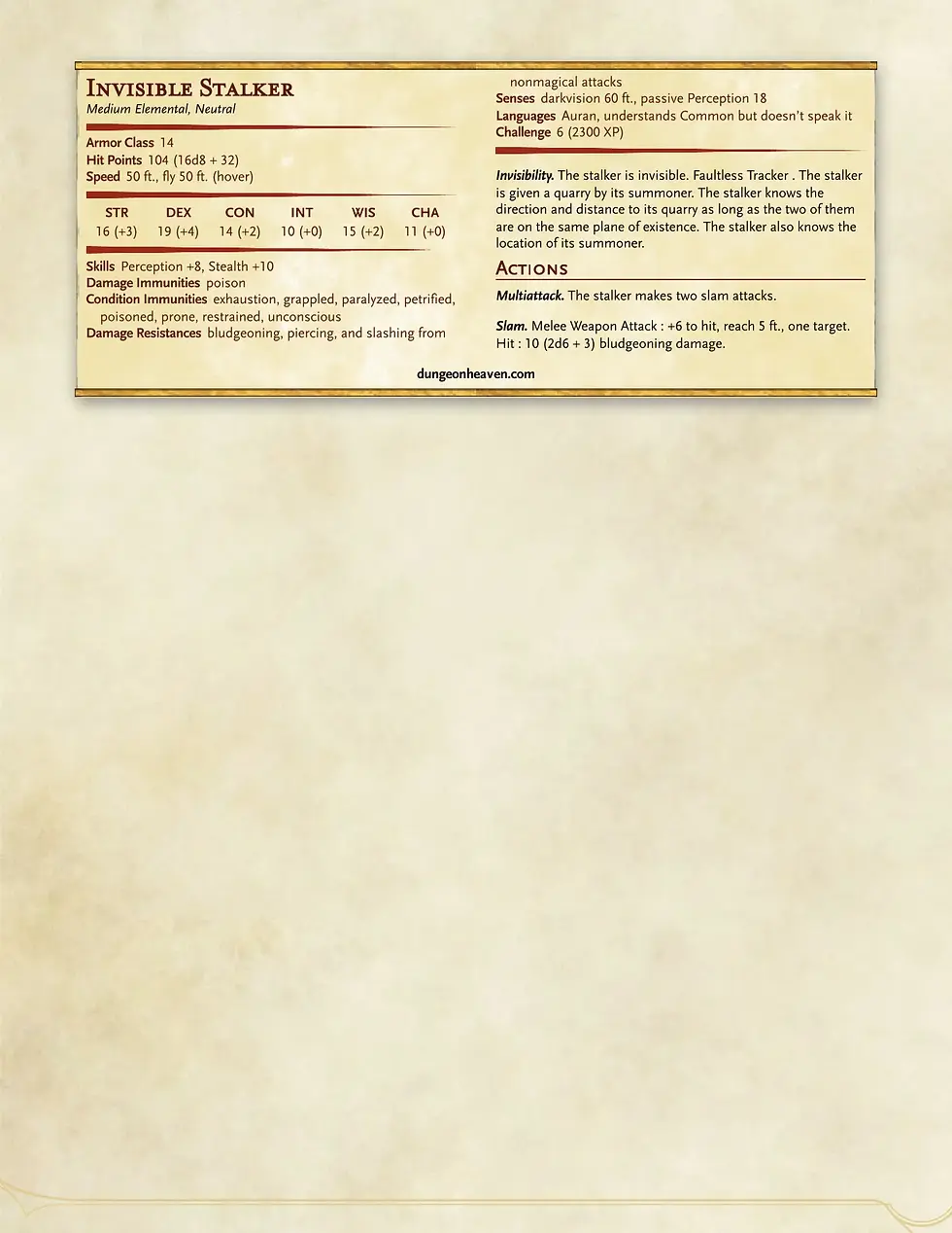 Invisible Stalker 5e stat block