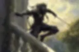 A masked rogue in dark armor leaps over a stone railing with a sword drawn, set against a cloudy sky and distant green landscape. Mysterious mood.