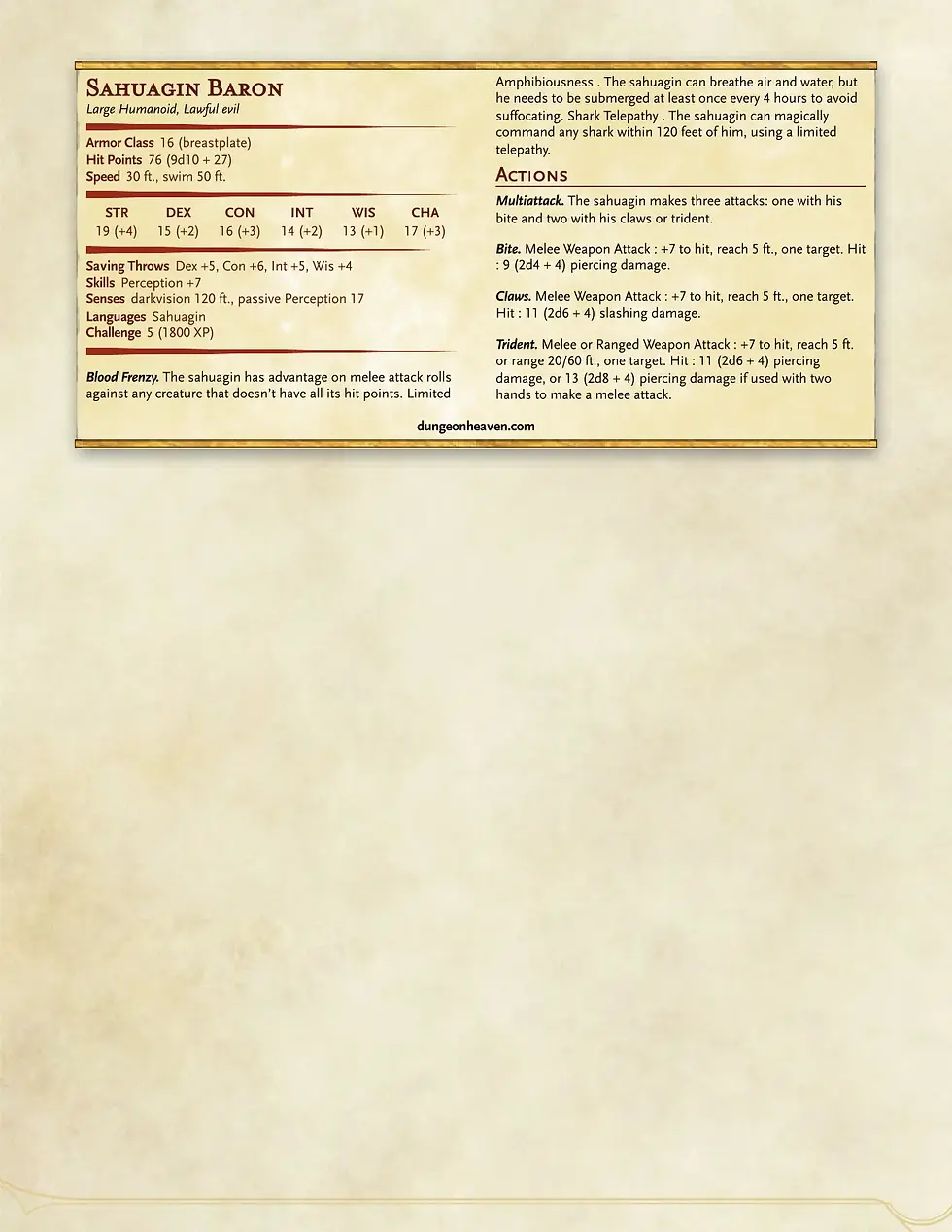Sahuagin Baron 5e stat block