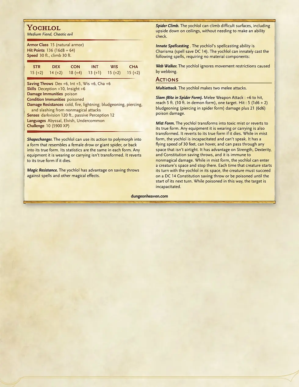 Yochlol 5e stat block