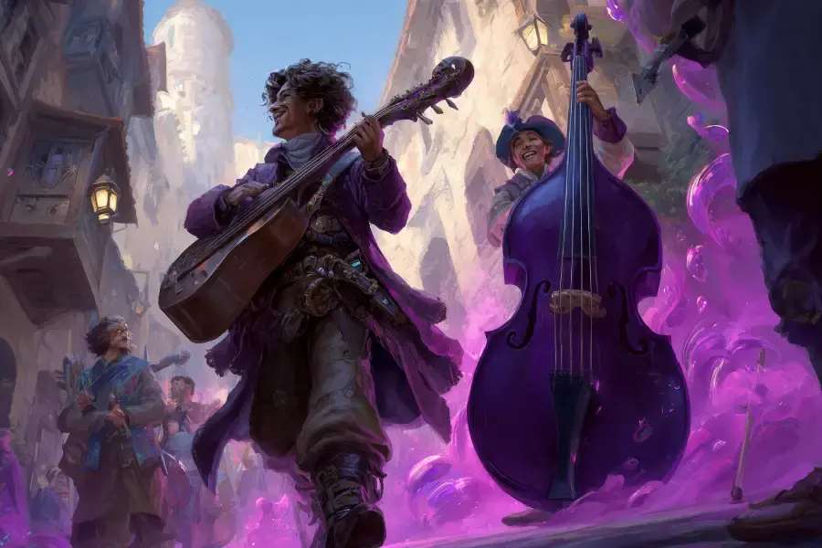 two college of dance bards walking through a city and using their magic to enhance their music